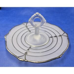 Art Deco Satin Glass Silver Overlay Tidbit Tray Clear Handle 11.5" Diameter